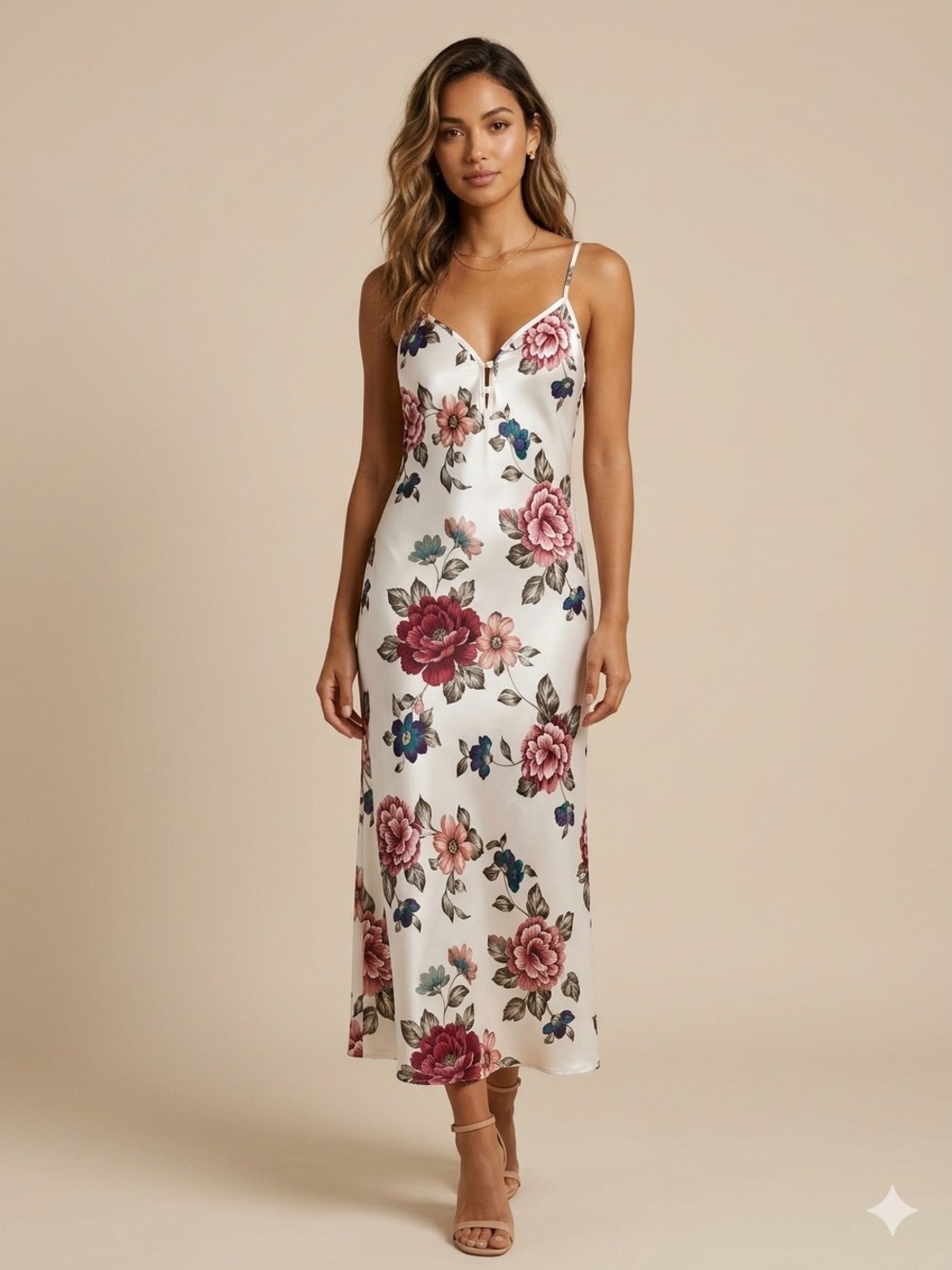 Vintage 90s Y2K Kathryn Satin Floral Slip Maxi Dress Ivory S
